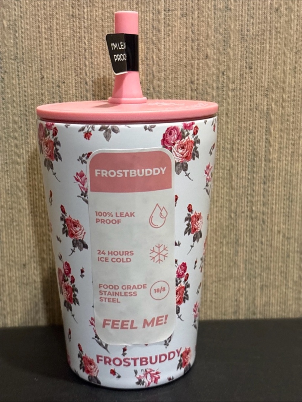 FrostBuddy​ Kids Stainless Steel Pink Floral Tumbler Cup Lid Straw NEW